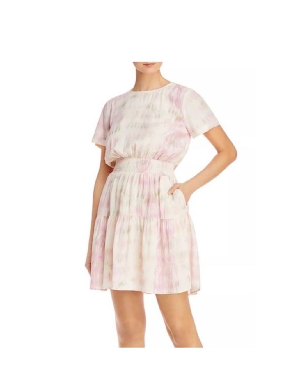 DOLAN Pastel Pink Tie-Dye Short Sleeve Smocked Mini Dress
